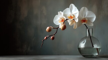 A delicate orchid stem is elegantly displayed in a clear glass vase, positioned on the left side of the image against a vast, soft gray background, embodying a serene and minimalist Asian aesthetic.