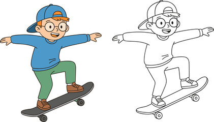 cartoon skateboard rider, dynamic pose illustration, coloring book page, kids activity, motion trick, vector art, flat design, youth character, blue cap, green pants, orange hair, glasses, black © Asia