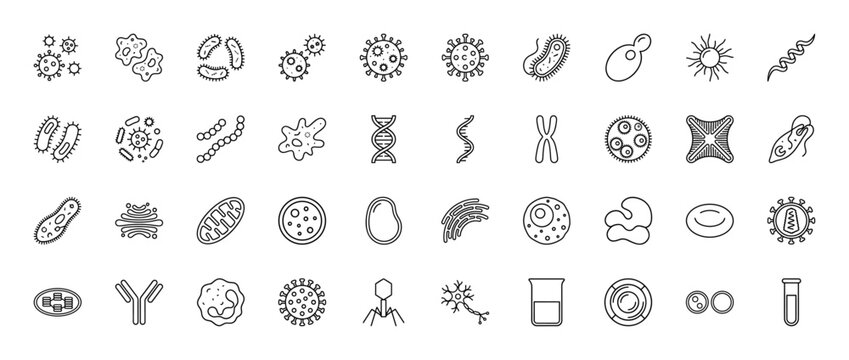 Microbiology and biology line icon set. Vector pictograms of bacteria, virus, dna, cell, mitochondria, chromosome, neuron, and lab equipment, thin outline illustration.