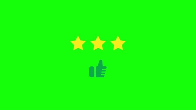 HD animated motion graphic of star rating followed by a thumbs up, symbolizing positive product review and high satisfaction in green screen background