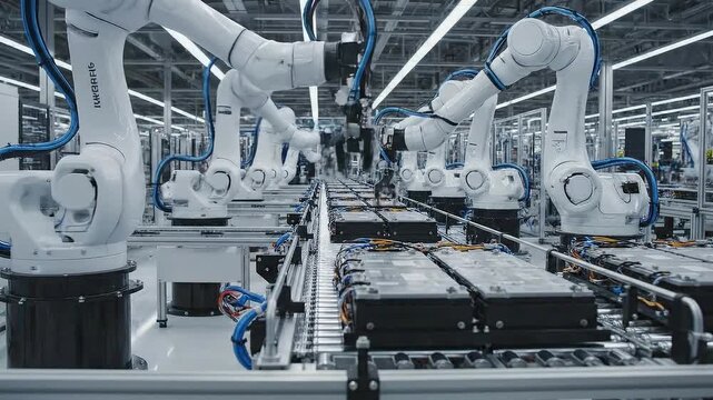 Automated Robotic Arms Assembling Electric Vehicle Batteries.