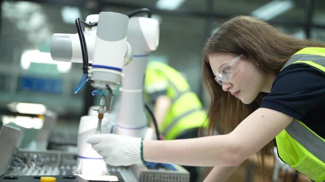 Two female engineers in safety vests and goggles collaborate in a tech lab. They are inspecting and programming a high tech robotic arm for a new project.