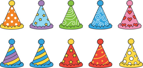 Colorful party hat collection, festive clipart set, cartoon celebration accessories, birthday decoration, patterned hats, cheerful vector design © Asia