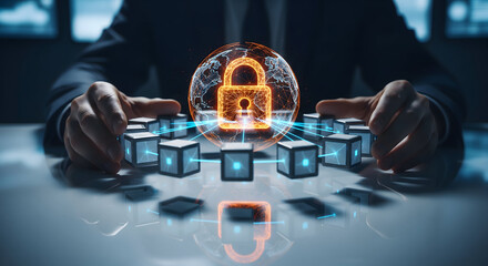 Businessman hands protecting network of digital blocks connected to glowing padlock symbolizing cybersecurity and data privacy