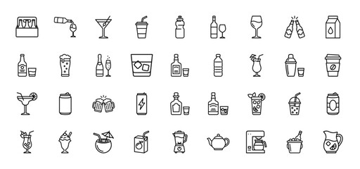 Beverage line icon set. Vector pictograms of beer, wine, coffee, cocktails, water, juice, soda, tea, and milk, thin outline illustration.