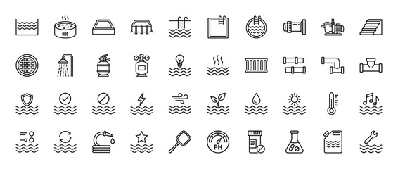 Swimming pool and spa line icon set. Vector pictograms of ladder, pump, filter, heater, chemicals, thermometer, maintenance tools, and cleaning equipment illustration.