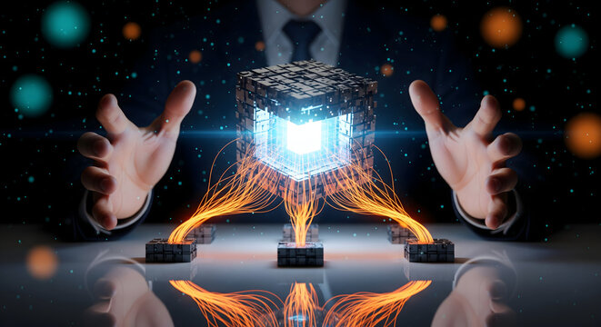 Businessman hands interacting with levitating dark cube emitting orange energy symbolizing core processor and deep learning