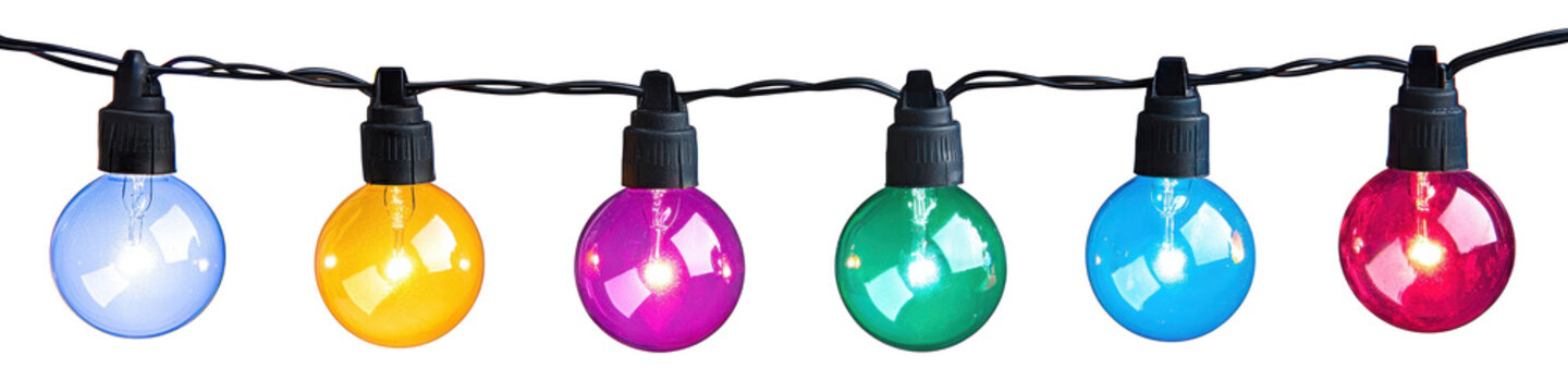 A string of colorful Christmas lights with a white background.