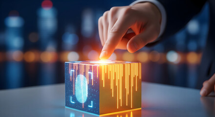 Finger pressing glowing biometric cube with fingerprint symbolizing secure access and digital identity verification