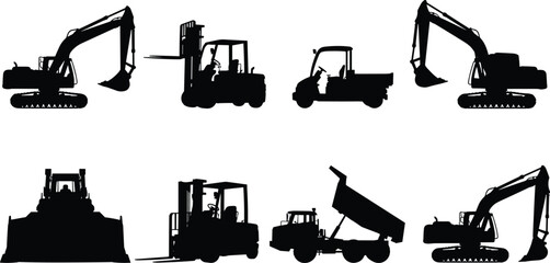 Construction vehicle icon set, excavator forklift bulldozer dump truck, black white vector, industrial silhouette, cad drawing flat vector illustration © Asia