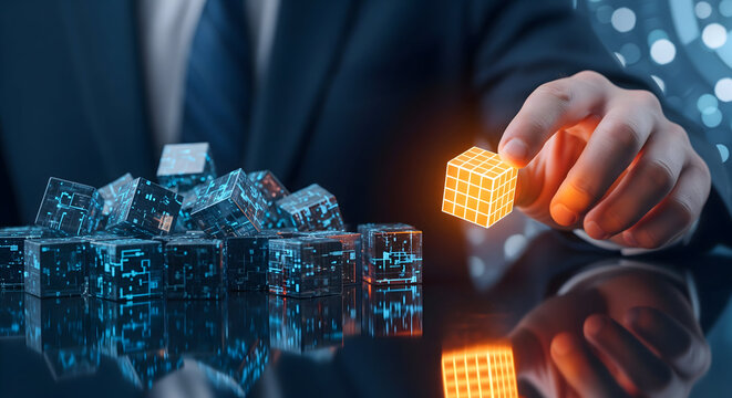 Hand selecting glowing orange block from blue pile symbolizing data mining and finding unique value