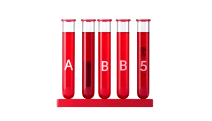 Five red liquid-filled test tubes on a red rack, labels visible