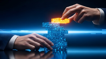 Two hands placing shared glowing block on tower symbolizing team effort and collective achievement