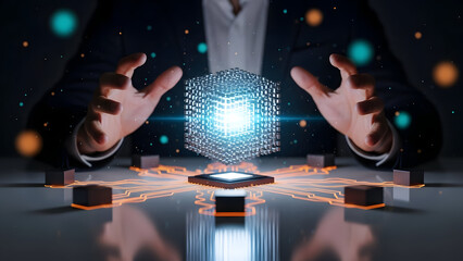 Hands shaping floating particle cube symbolizing digital transformation and atomized data structure