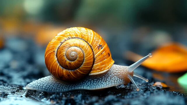Close-up of a snail on wet ground with autumn leaves