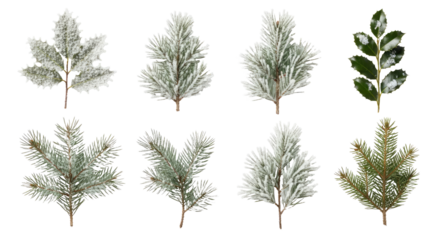 Various types of pine and holly leaves with frost on a png transparent