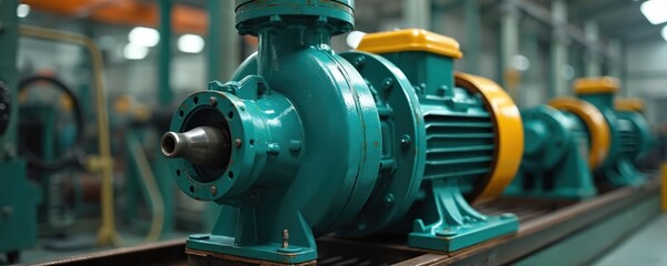 Industrial pump machines with teal and yellow details are lined up. These powerful units represent engineering, manufacturing, and green tech solutions for efficient production systems.
