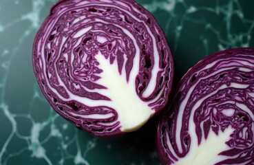 Two halves of red cabbage revealed with their intricate leafy layers. White core contrasts with deep purple leaf veins. Ideal for food blogs, health articles, and culinary art. Close up texture.
