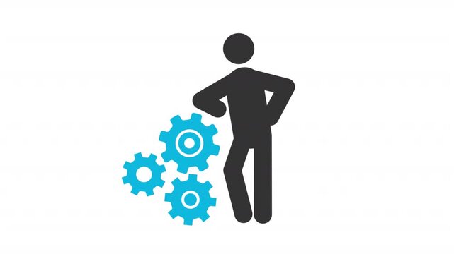 Process manager stickman animation silhouette. Spinning gears, moving person. Project leadership, technical support. Simple human stick figure. Solid glyph pictogram HD video. Dynamic person movement