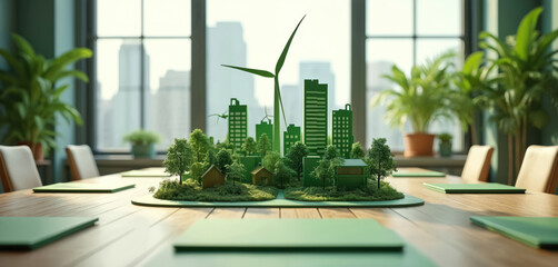 Green city model with wind turbine sits on meeting table. Eco building concept with trees, houses. Business meeting plans for sustainable urban future. Environmental document open.