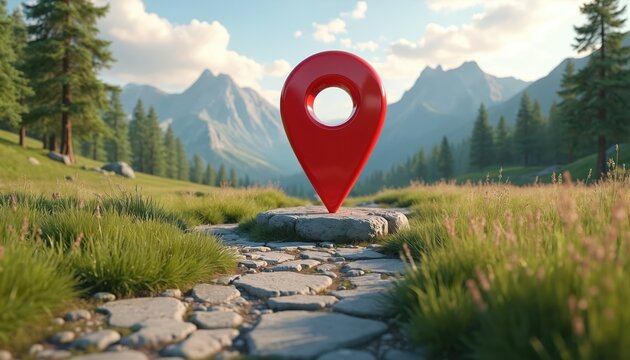 Red map pin stands on stone path in green mountain landscape. Shows direction, destination, or GPS location concept. Useful for travel, navigation, or outdoor adventure themes.