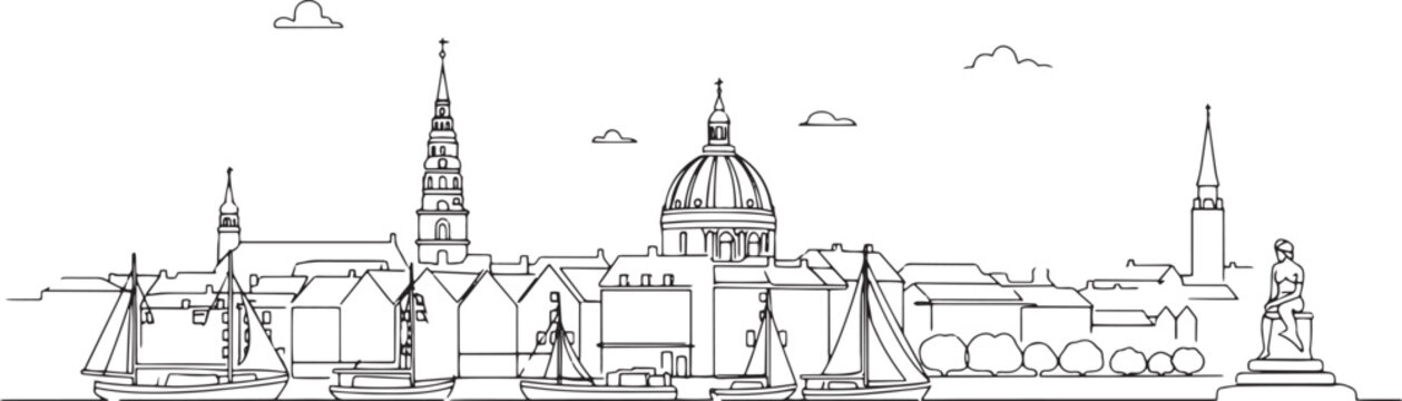 Copenhagen city skyline continuous black single line art illustration isolated