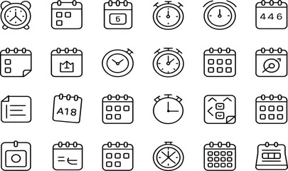 Collection of twenty assorted calendar and clock icons in line style