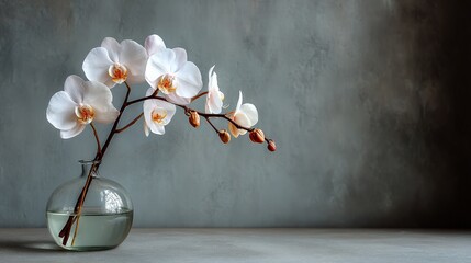 A delicate orchid stem is elegantly displayed in a clear glass vase, positioned on the left side of the image against a vast, soft gray background, embodying a serene and minimalist Asian aesthetic.