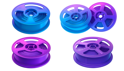 Four neon gradient film reels stacked on a black background, 3d renders