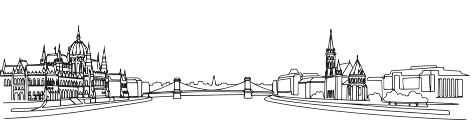 Fototapeta premium Budapest city skyline continuous black single line art illustration isolated