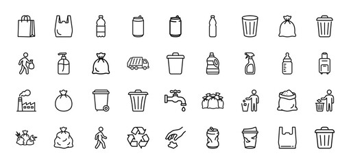 Fototapeta premium Waste management and recycling line icon set. Vector pictograms of trash cans, plastic bottles, garbage bags, recycling symbols, and industry, thin outline illustration.