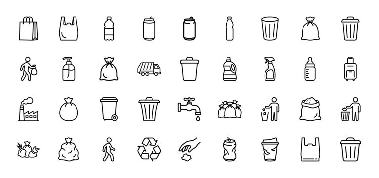 Waste management and recycling line icon set. Vector pictograms of trash cans, plastic bottles, garbage bags, recycling symbols, and industry, thin outline illustration.