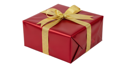 A red gift box with a gold ribbon and bow, wrapped in shiny red wrapping paper.