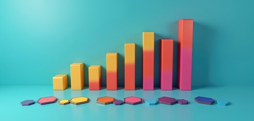 Colorful bar graph on blue backdrop shows rising data levels. Geometric shapes sit below chart. Graphic represents stats, growth, success, finance, and analytics.