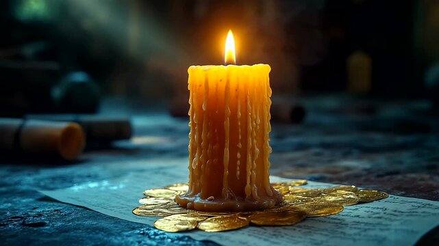 Candlelit scene with coins and scrolls on a table