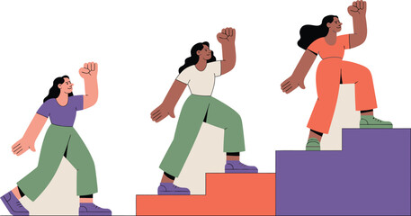 Determined women steadily progressing upwards on colorful steps while celebrating personal achievements