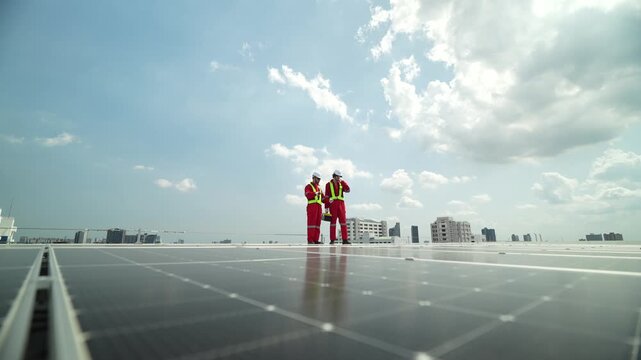 Professional solar team inspecting rooftop photovoltaic panels. Engineers in red uniforms ensuring sustainable power efficiency for modern urban city infrastructure and green energy future.