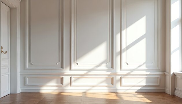 Sunlight streams into empty room with white paneled walls, polished wood floor. Light casts geometric shadows on wall, floor surfaces. Bright, minimalist space awaits furnishings decor. Elegant