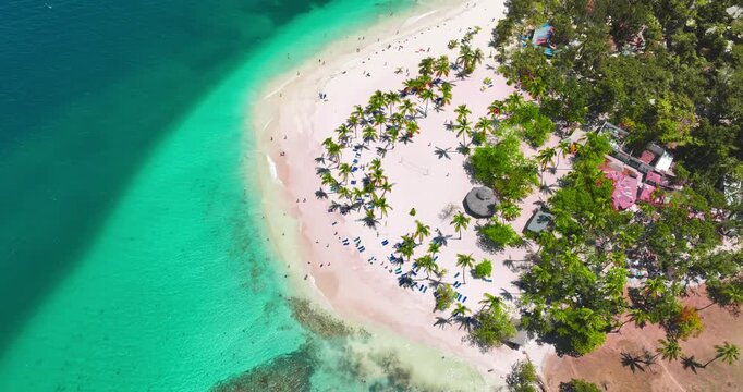 Tropical vacation on caribbean islands, Bacardi island  Cayo Levantado Dominican republic, aerial view of exotic wild beach shore with palm trees and turquoise sea water