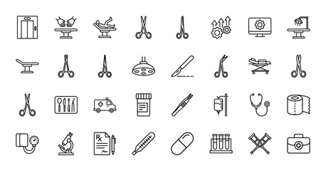 Naklejka premium Medical and surgery line icon set. Vector pictograms of stethoscope, scalpel, ambulance, microscope, scissors, blood pressure monitor, and pills, thin outline illustration.