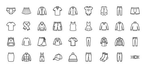 Fototapeta premium Clothing line icon set. Vector pictograms of shirt, jacket, skirt, pants, hoodie, dress, socks, sweater, and backpack, black thin outline illustration.