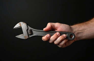 Obraz premium Man hand holds rusty adjustable wrench. Old metal tool for repair work. Mechanic prepares for fixing or building. Industrial equip has dark background. Precision engineering.