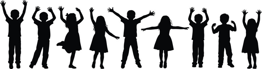 Collection of black silhouettes featuring happy children jumping and cheering with raised arms for childhood, joy, celebration, and education concepts,