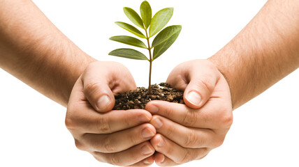 Hands holding small green plant in soil in gentle care with soft natural lighting for environmental conservation