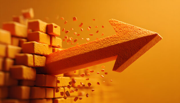 Concept of overcoming obstacles with a bright arrow pushing through a wall.