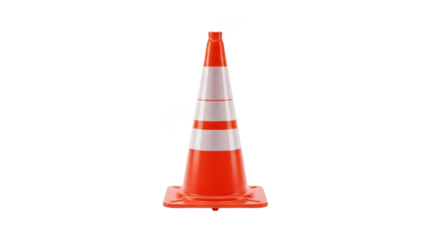 Orange traffic cone with reflective stripes isolated on transparent background