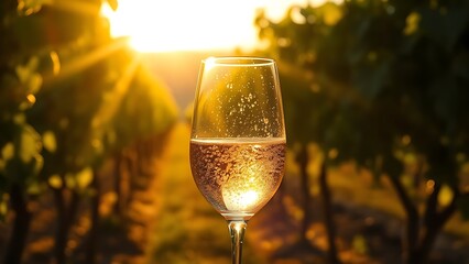 winery. Sunlit Italian vineyard, golden bubbles sparkling in a wine glass. bar promotions, beverage menus, designed for product packaging and bar promotions, used by professors.
