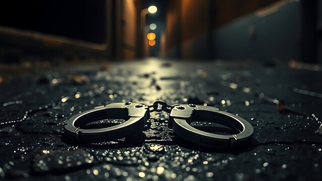 restraint. Broken handcuffs on wet pavement in an alley with dramatic side lighting. event key visuals, club posters, designed for sports event promotions and stadium branding.