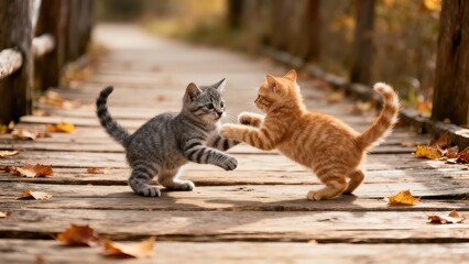 Two kittens playing on wooden bridge