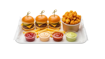 Fast food tray with beef sliders chicken popcorn and assorted dipping sauces isolated on white background